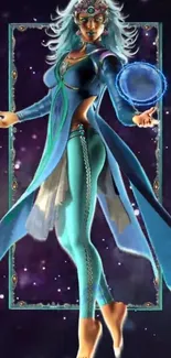 Mystical woman in teal outfit, cosmic background.