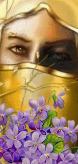 Veiled woman with purple flowers and golden tones mobile wallpaper.