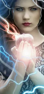 Mystical woman holds shiny apple amid electric blue energy