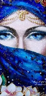 Artistic wallpaper of a woman with captivating blue eyes and intricate floral designs.