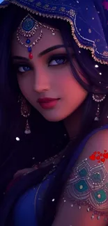 Digital artwork of a mystical woman in elaborate blue attire, with intricate details.