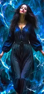 Woman in flowing dress with blue aura background.
