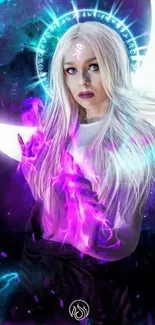 Mystical woman with purple and blue glow in cosmic phone wallpaper.