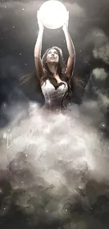 Woman reaches for moon amidst dark clouds in a mystical mobile wallpaper.