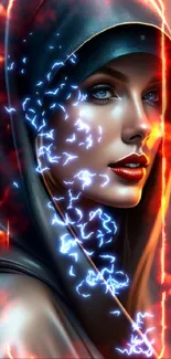 Mystical woman in hood, digital art wallpaper in soft lighting.