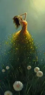 Mystical woman in a sunlit, whimsical nature scene.