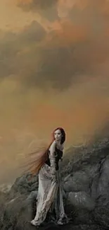 Red-haired woman on rocky path under orange sky.