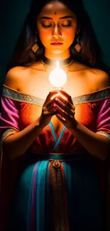 Mystical woman in vibrant traditional attire illuminated by soft light.