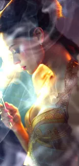 Mystical woman's portrait with smoke and glowing amber light.