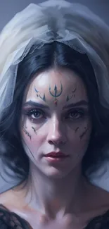 Mystical woman with face paint on mobile wallpaper.