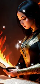 Mystical woman reading by firelight with vivid flames, creating a fantasy scene.