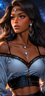 Mystical woman in fantasy art with jewelry and starry sky.