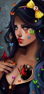 Mystical woman surrounded by red butterflies on dark background.