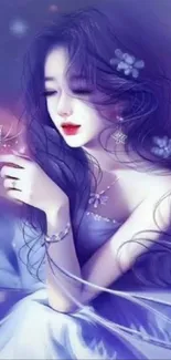 Mystical woman with a butterfly in a purple fantasy setting.