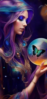 Mystical woman holding an orb with a butterfly, in rich purple and gold hues.