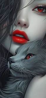 Mystical woman and curious cat with red accents.