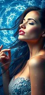 Mystical woman with cosmic aura against a blue background