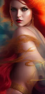 Mystical woman with vibrant red hair in a fantasy-themed wallpaper.