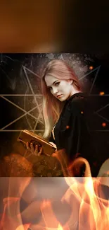 A mystical woman holding a book with flames and dark background.