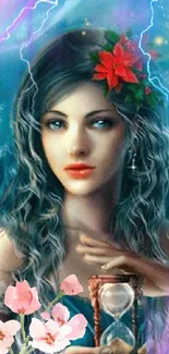 Mystical woman with hourglass and flowers in a fantasy-themed wallpaper.