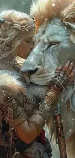 Woman embraces lion in mystical art scene.