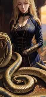 Mystical woman with a golden snake in a fantasy setting.