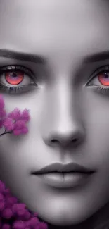 Mystical woman with pink eyes and purple flowers wallpaper.