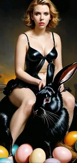 Stylish woman with black rabbit and colorful eggs.