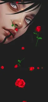 Mystical woman with red roses on dark background.