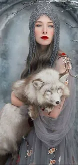 Mystical woman holding a serene wolf in a wintry scene.