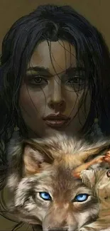 Mystical woman and wolf in earthy tones with artistic design.