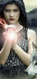 Mystical woman holding a glowing apple with a wolf beside her.