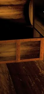 Rustic wooden treasure chest in dim light.