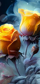 Mystical yellow roses with ethereal mist background.