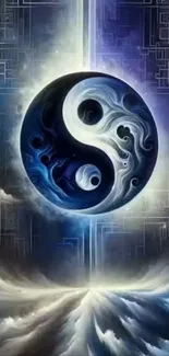 Mystical Yin Yang mobile phone wallpaper with cosmic clouds.