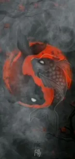 Mystical yin yang koi art with red and dark hues.