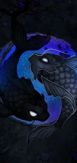 Mystical koi fish forming a Yin Yang on dark blue background.