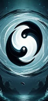 Mystical yin yang design with swirling ocean waves in contrasting dark and light colors.