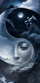 Mystical yin-yang moon with a face set in a cloudy night sky.