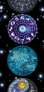 Zodiac symbols featured in a starry cosmic night wallpaper.