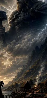 Mythic warrior holding hammer in stormy landscape with dramatic clouds and mountains.