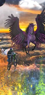 Purple pegasus with ocean waves and motorbike rider in a vibrant sunset.