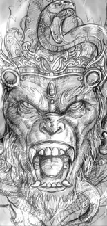 Monochrome sketch of a mythical creature's face with intricate details.