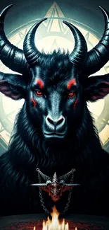 Mythical beast with horns and fiery eyes on fantasy wallpaper.