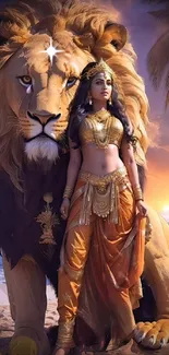 Mythical woman beside a lion on a beach at sunset, embodying harmony and elegance.