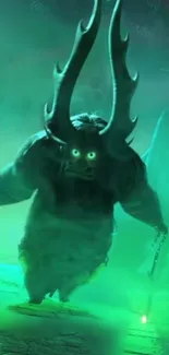 Mythical creature with horns in glowing green mist.