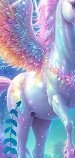 A colorful Pegasus with ethereal wings and a sparkling mane in a fantasy setting.