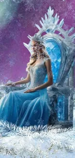 Elegant ice queen sitting on a throne in a snowy fantasy landscape.