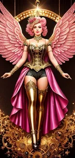 Fantasy image of a golden angel with pink wings and steampunk elements.