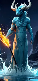 Fantasy creature holding a torch in a mystical setting with blue tones.